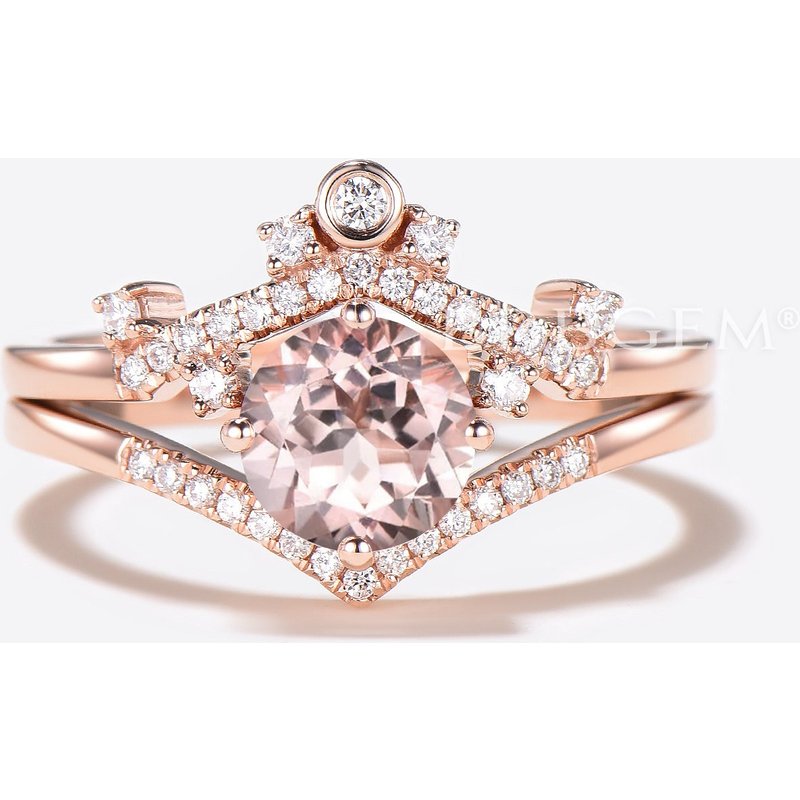 Art Deco Morganite Engagement Engagement Ring Set Round Cut Rose Gold — Engagement Rings