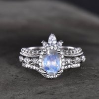 Ensemble de Bague de Fiançailles en Diamant Halo en Pierre de Lune Ovale - 3pcs