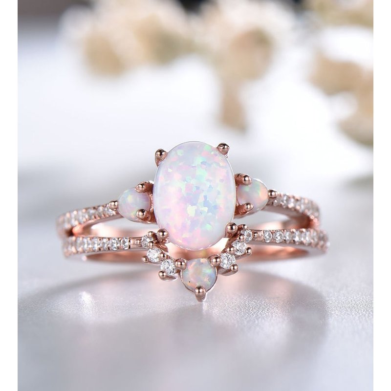Women White Fire Opal Engagement Ring Set with Three Stone — Engagement Rings