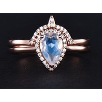 Bague de fiançailles en pierre de lune en or rose vintage avec alliance