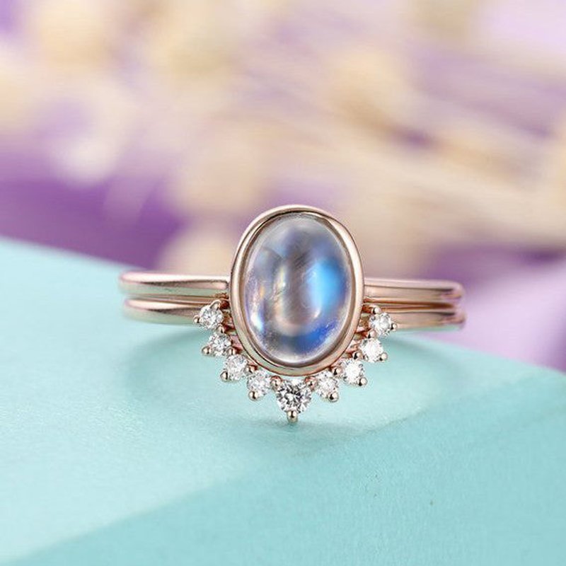 Vintage Antique Rainbow Moonstone Engagement Ring Set Rose gold-HRa012 — Engagement Rings