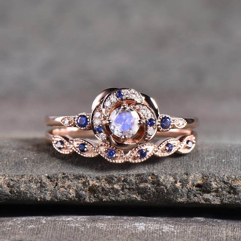Art deco Milgrain Flower Moonstone Engagement Ring Set-HRa008 — Engagement Rings