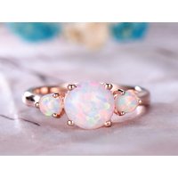 7mm Round Cut Floating Three Stone Opal Engagement Ring,14k Rose Gold — Engagement Rings