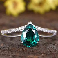 Pear Shaped Classic Emerald Engagement Ring-Solid 14k White Gold — Engagement Rings
