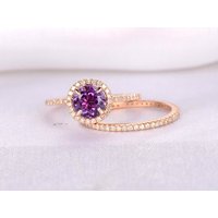 Ensemble de Bague de Fiançailles Halo en Or Rose avec Améthyste de 6,5 mm