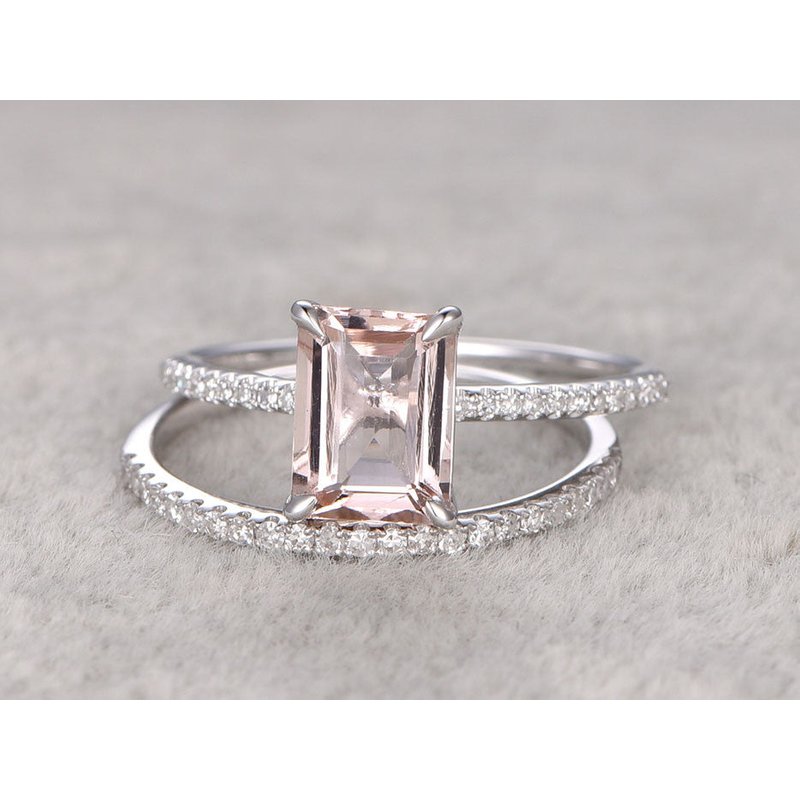 Emerald Cut Morganite Diamond Engagement Ring Set White Gold Accents — Engagement Rings