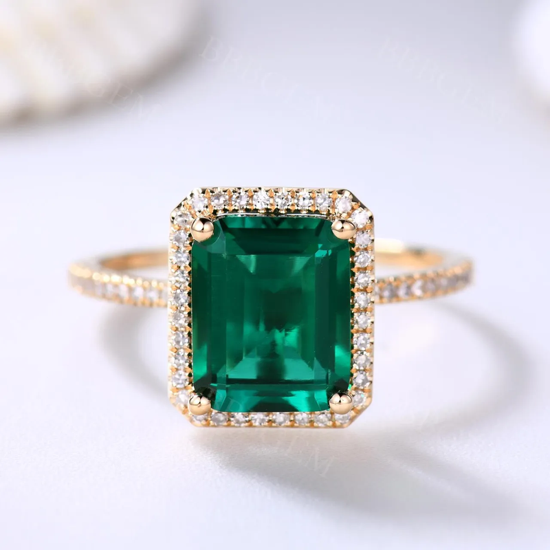 4CT Emerald Cut Emerald Engagement Ring Rose Gold Halo Diamond Wedding Ring — Engagement Rings