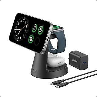 Anker MagSafe Charger Compatible, MagGo 3-in-1 Charging Station, Nano Charging Stand, Qi2 Certified 15W Magnetic Wireless Charger Dock, for iPhone17/16/15/14, Apple Watch,AirPods (Black)