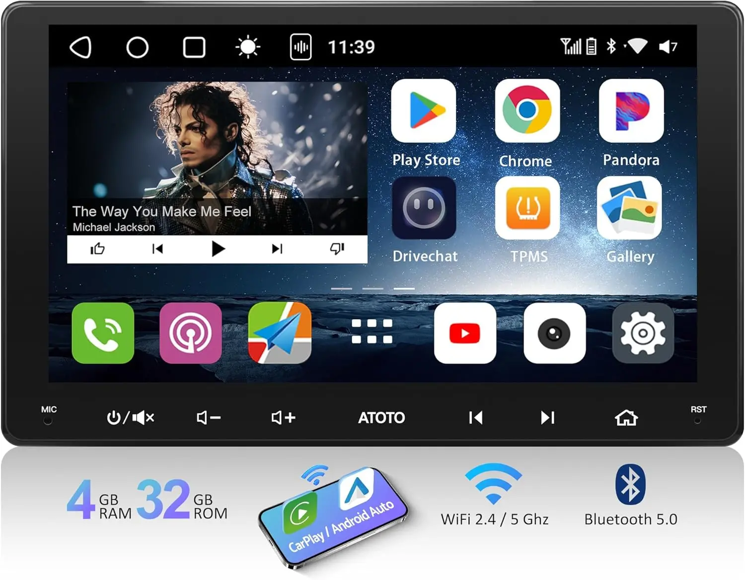 Atoto S8G2094MS 9" Double Din Car Stereo, 8-Core, 1280x720 Qled Touchscreen, Wireless CarPlay and Android Auto, 4+32G, Dual Bluetooth, WiFi/BT/USB
