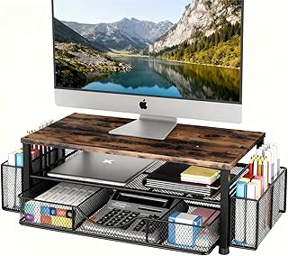 Wood Monitor Stand 2-Tier with Drawer & Pen Holders — Laptop Accessories