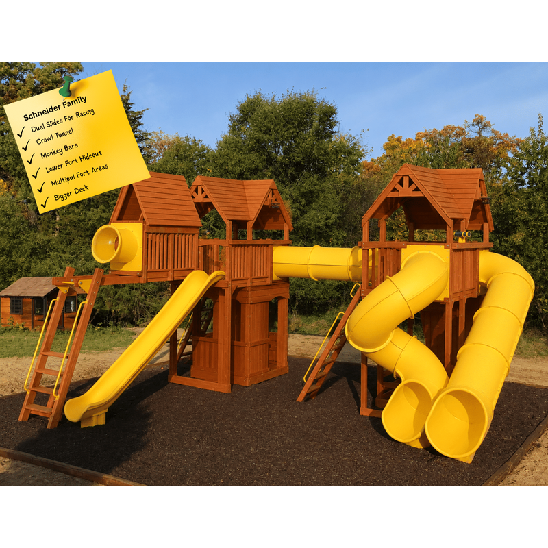 Playground One Extreme Dual Triple Shot avec toit en bois — Aires de jeu et balançoires