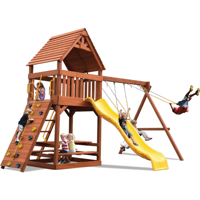 Original Fort Combo 2 avec toit en bois et glissière verte — Aires de jeu et balançoires