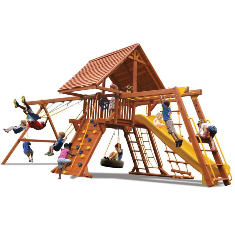 Turbo Deluxe Playcenter Combo 3 with Wood Roof - Green and Yellow Slide — Playground & Swing Sets