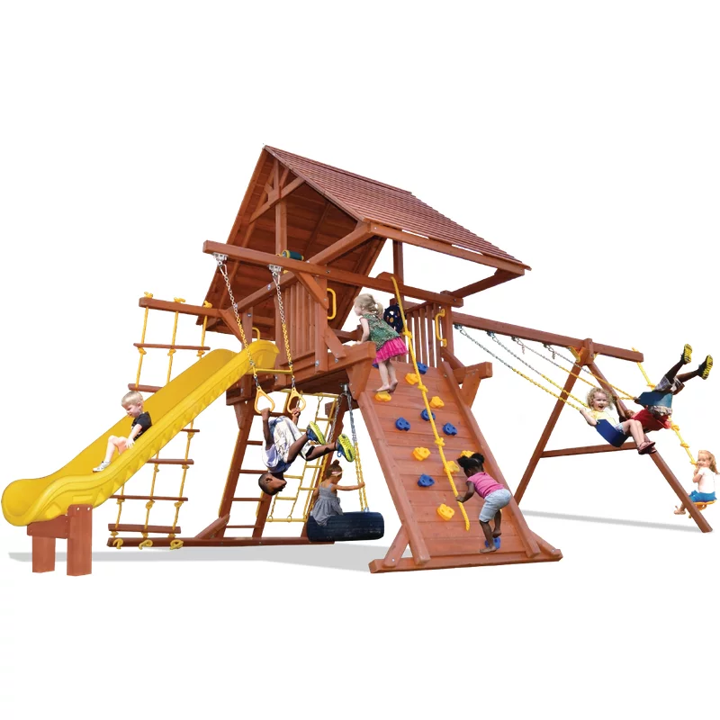 Turbo Deluxe Playcenter Combo 2 avec toit en bois - Glissière verte et jaune — Aires de jeu et balançoires