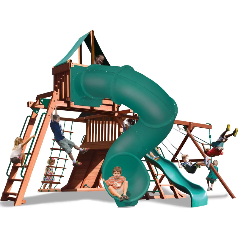 Playground One!® Original Playcenter Combo 5 - Green with Yellow Slides — Playground & Swing Sets