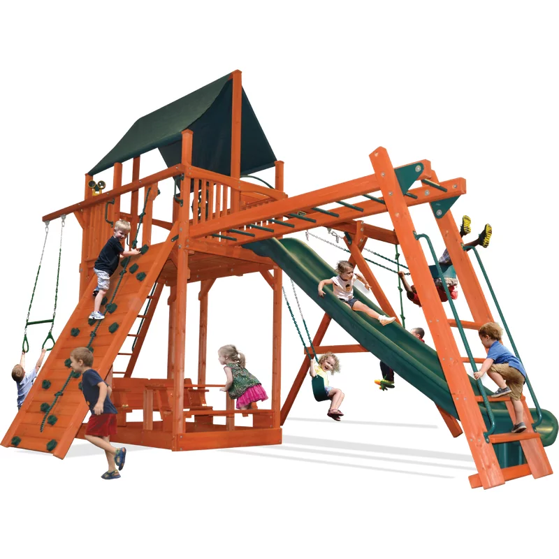 Playground One!® Extreme Fort Combo 3 - Solid Green with Yellow Slide — Playground & Swing Sets
