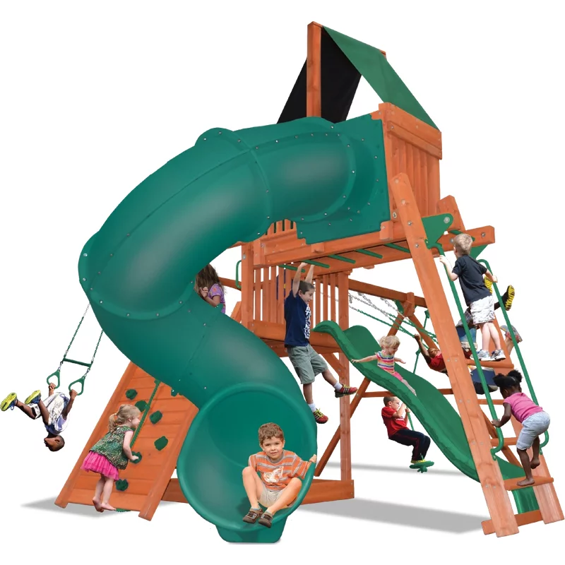 Playground One!® Deluxe Fort Combo 5 - Solid Green with Yellow Slides — Playground & Swing Sets