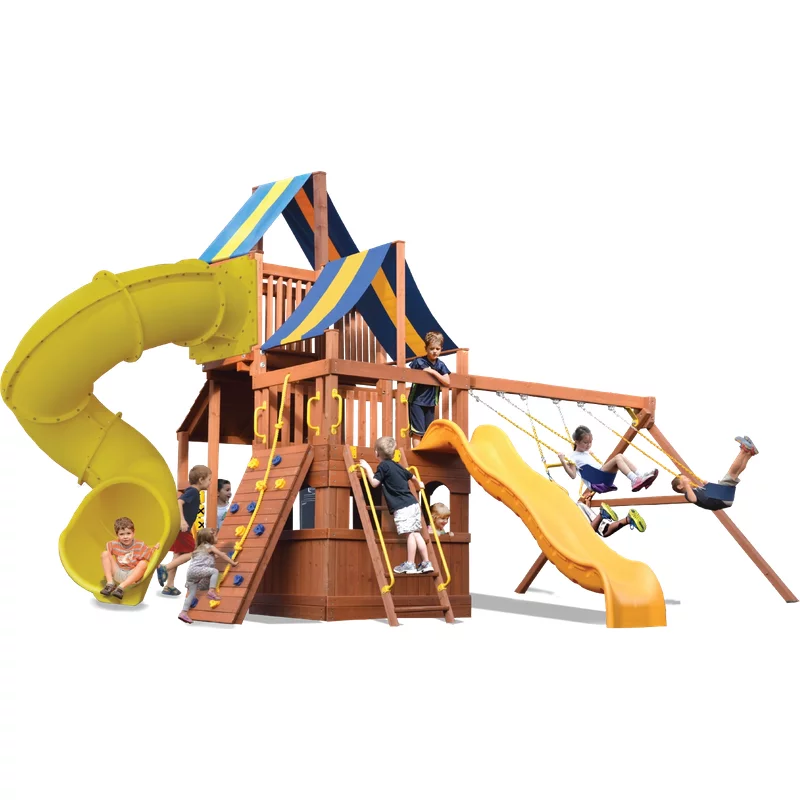 Playground One!® Original Fort jeu de plein air Fort High Roller - Vert avec toboggans jaunes — Aires de jeu et balançoires