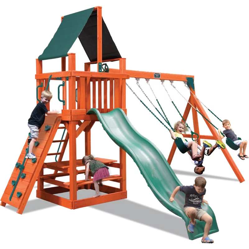 Playground One!® Classic Fort Combo 2 - Solid Green with Yellow Slide — Playground & Swing Sets