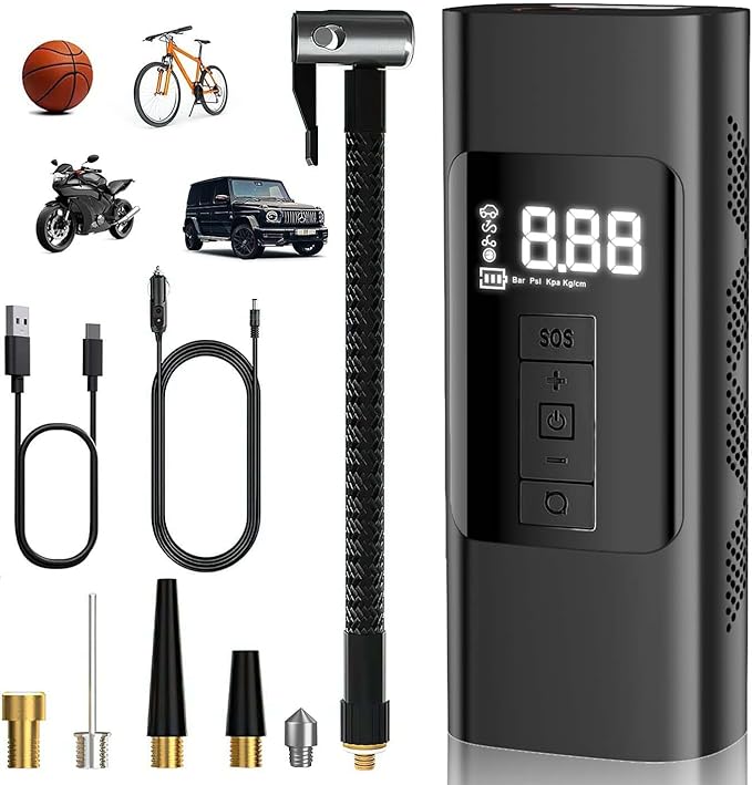 Compresseur d'air portable et gonfleur de pneus avec lumières d'urgence — Kit d'outils de voiture