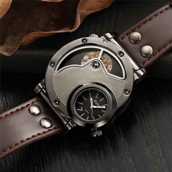 Montre Chronographe à Double Fuseau Horaire pour Homme avec Bracelet en Cuir