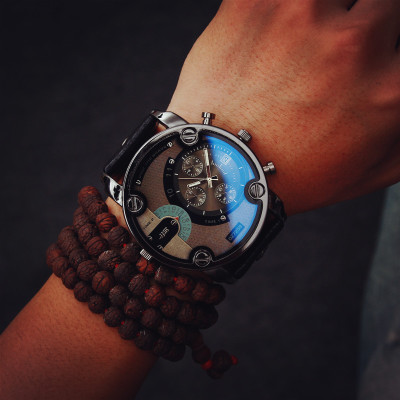 Jis Big Dial Black Leather Quartz Men's Casual Watch