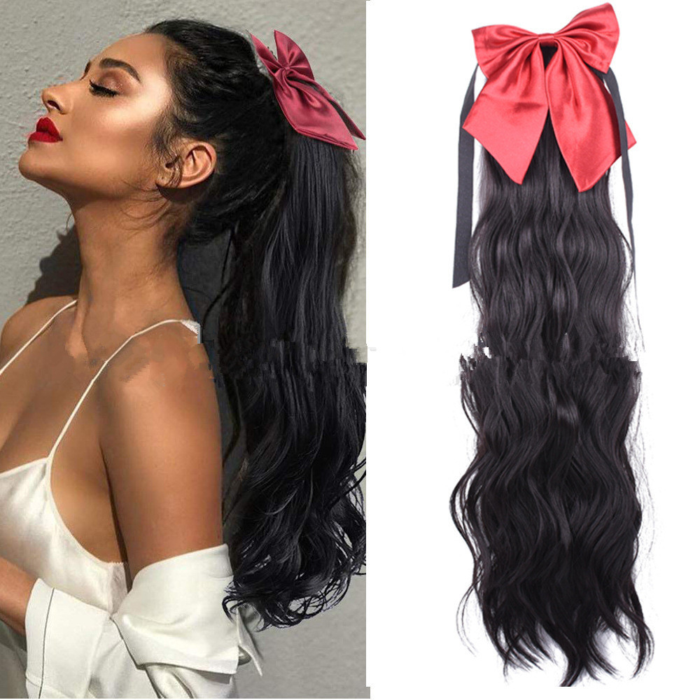 Perruque Queue de Cheval Rouge avec Nœud pour Femmes - Extension de Cheveux Longs
