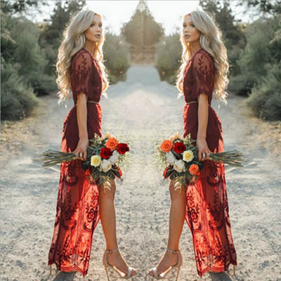 Robe maxi en dentelle à col en V profond et manches courtes — Robes pour femmes