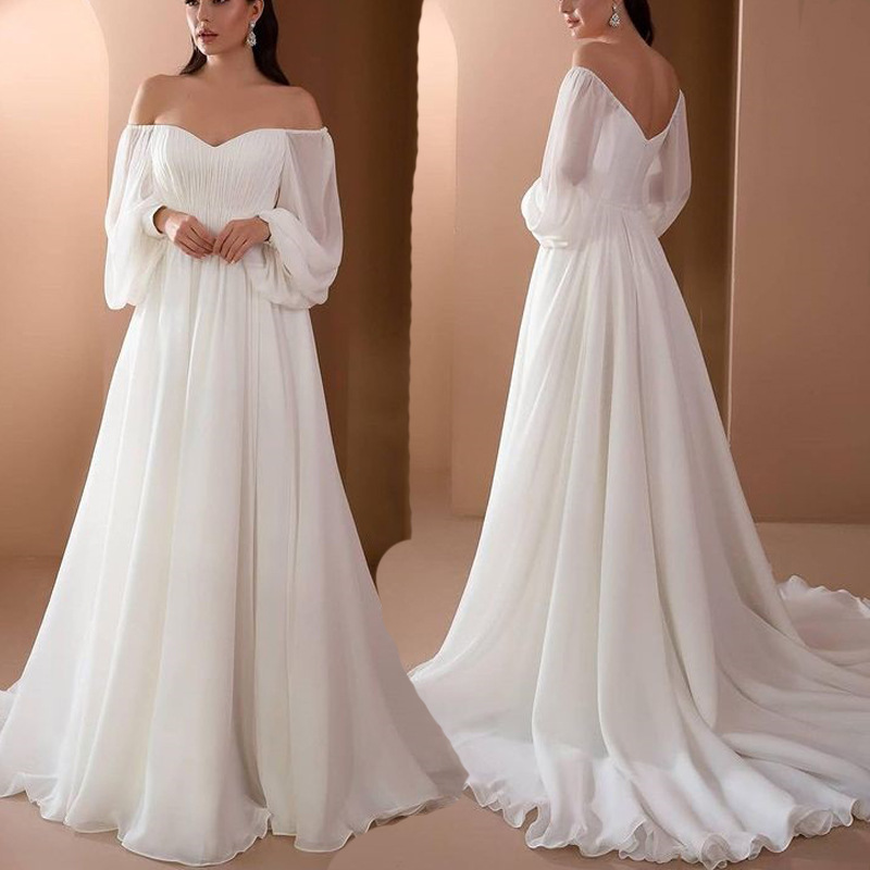 Solid Color Long Dress with One Word Collar — Womens Dresses