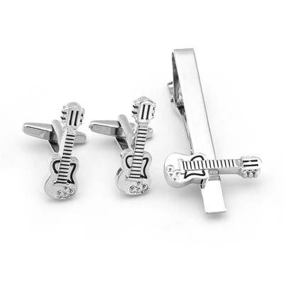 Ensemble de boutons de manchette et pince à cravate guitare basse argentée — Accessoires de mode