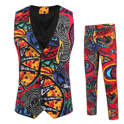 Ethnic Style Printed Vest Suit — Mens Suits & Blazers