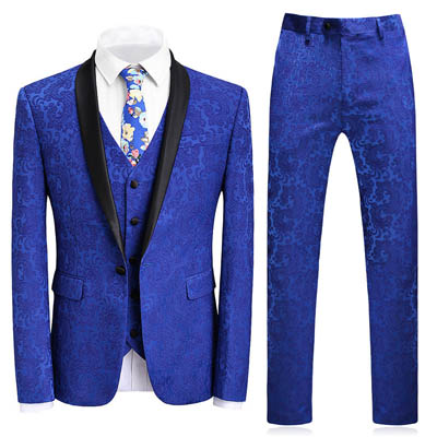 Costume trois pièces en jacquard bleu marine et vert avec col — Costumes et vestons pour hommes