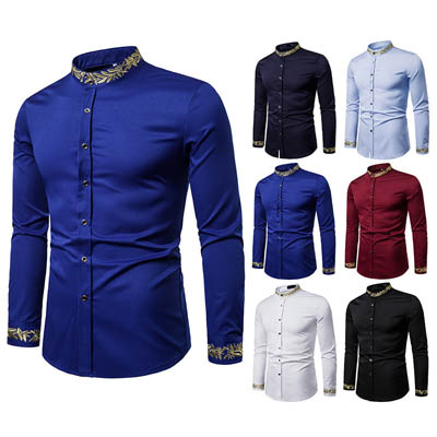 Chemise Blanche avec Broderie Dorée pour Hommes et Col Montant