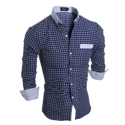 Luxury Mens Slim Fit Plaid Shirt Long Sleeve Cotton — Womens Dresses
