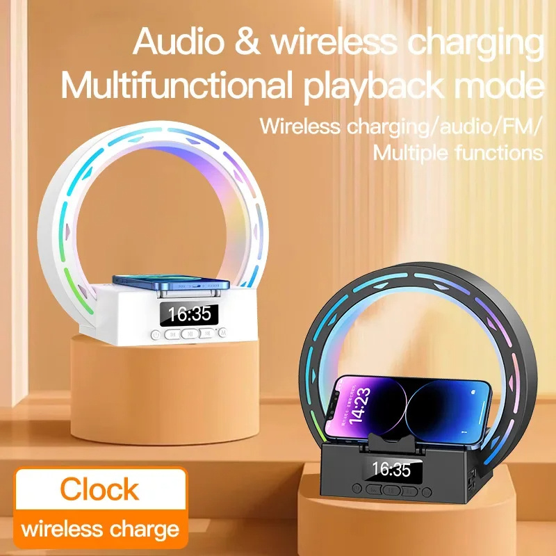 Multifunction 4-in-1 Wireless Charger with Bluetooth Speaker, Bedside Lamp & Alarm Clock