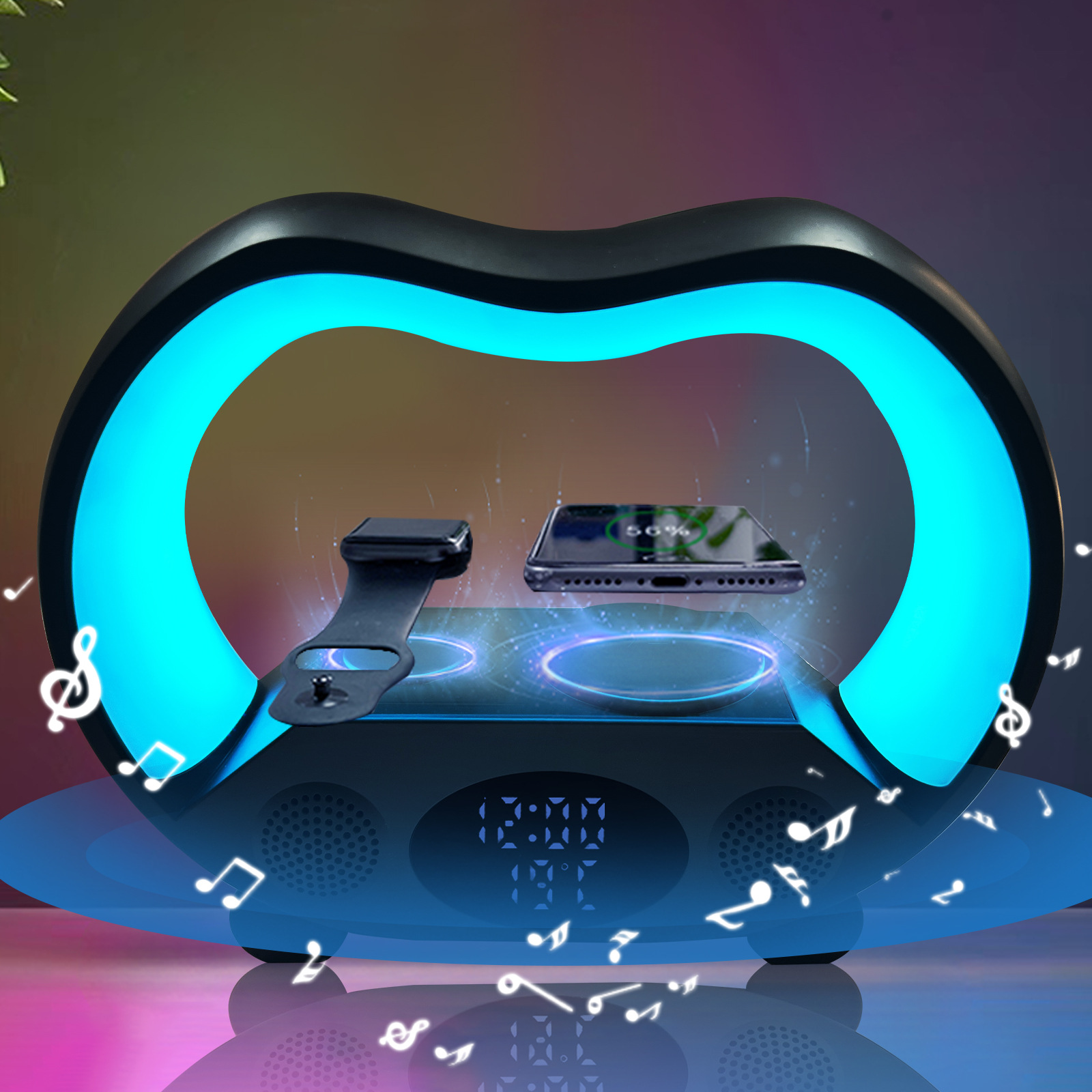 Lampe LED Multifonction Intelligente avec Chargeur Sans Fil de 15W et Haut-Parleur Bluetooth — Lampe de bureau menée