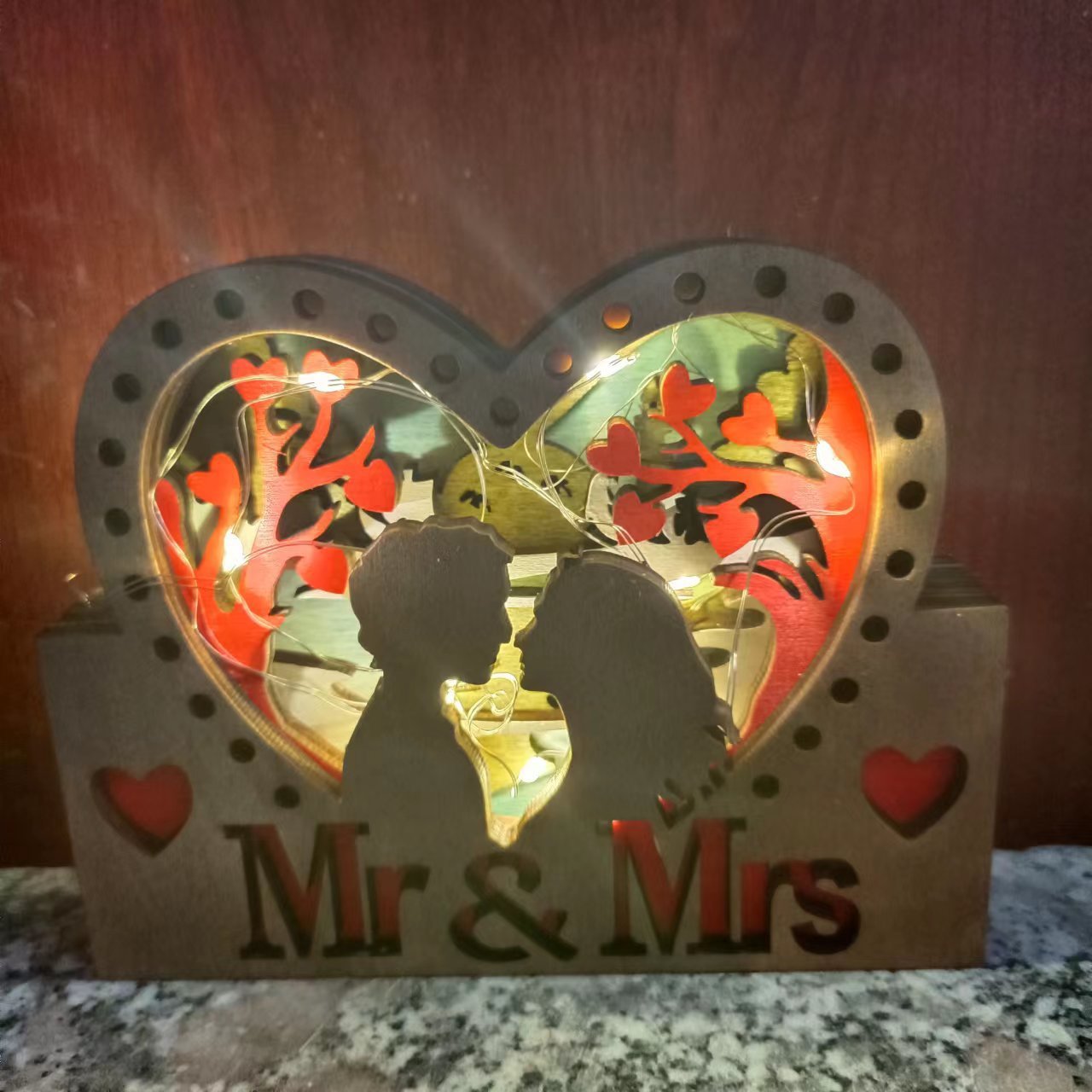 "Mr & Mrs" Illuminated Wooden Sculpture | Wedding & Anniversary Keepsake