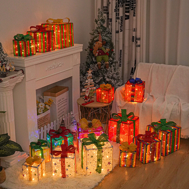 Pre-Lit Christmas Gift Box Set with Bows for Indoor & Outdoor Holiday Decor
