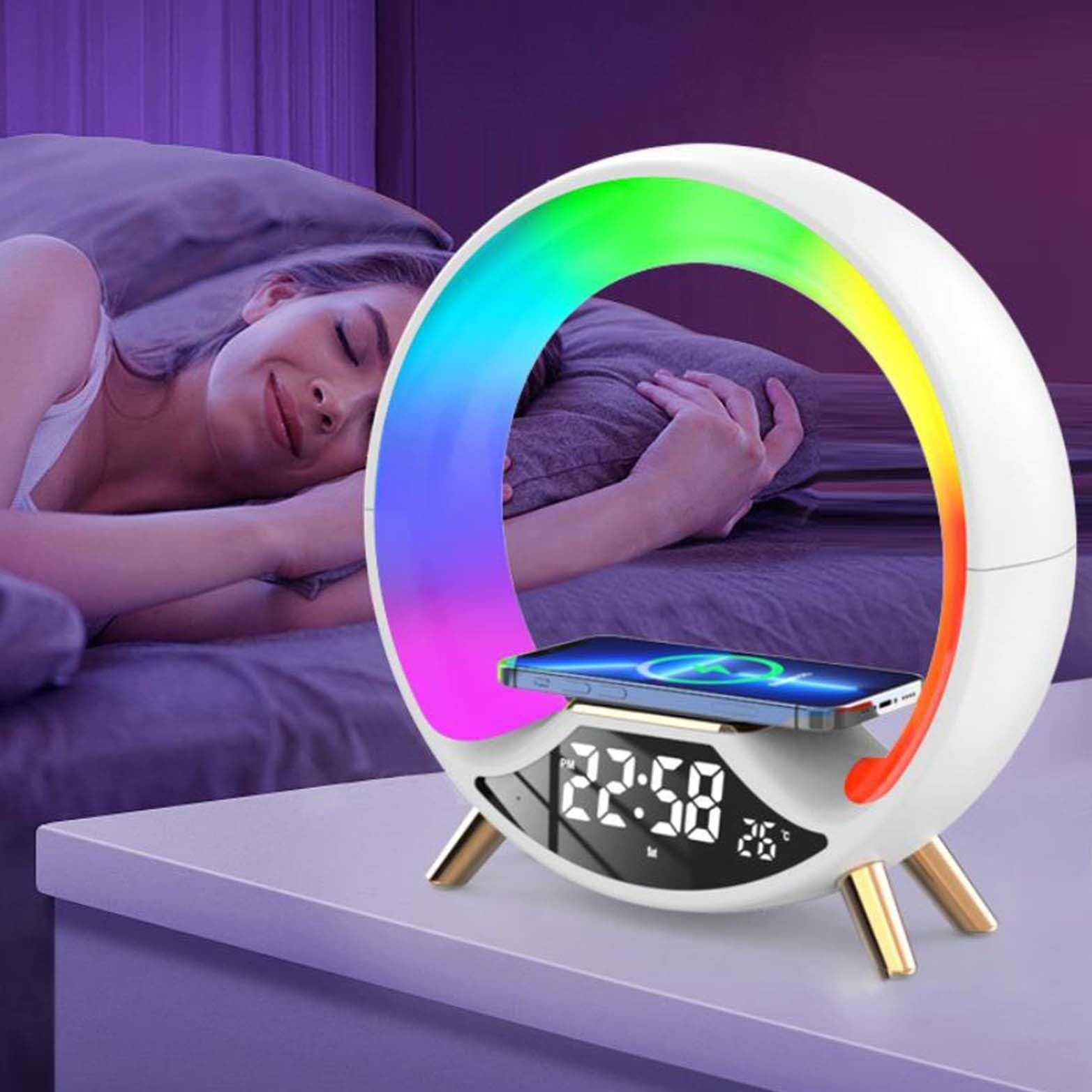 Smart RGB Sunrise Alarm Clock with 15W Wireless Charger & Bluetooth Speaker