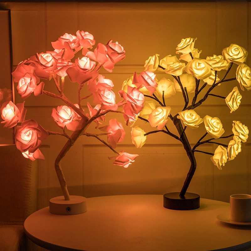 Lampe Fleur Rose - Lampe LED Arbre Alimentée par USB et Piles — Lampe de bureau menée
