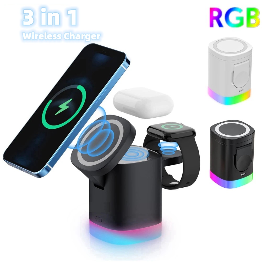 3-in-1 Magnetic Wireless Fast Charger with RGB Ambient Light for iPhone, Apple Watch, and AirPods — Wireless Chargers
