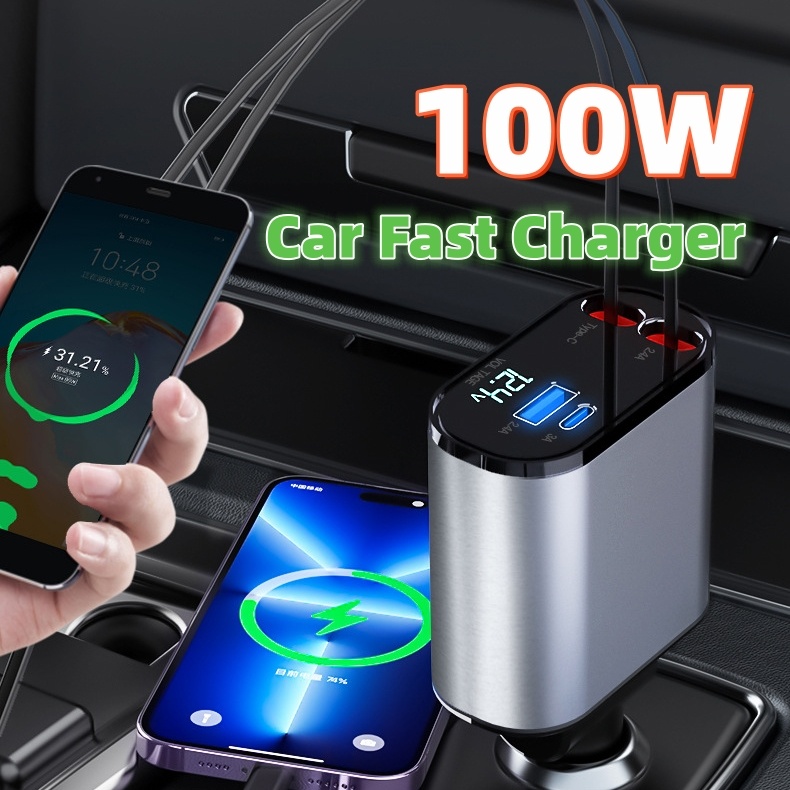 Chargeur de voiture rétractable Premium avec ports USB-A et USB-C — Chargeur Rapide Usb C