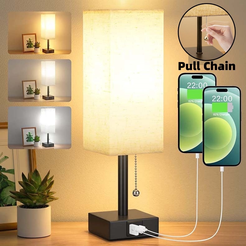 Adjustable LED Bedside Table Lamp with USB-C & Usb-A Charging Ports – Pull Chain Control