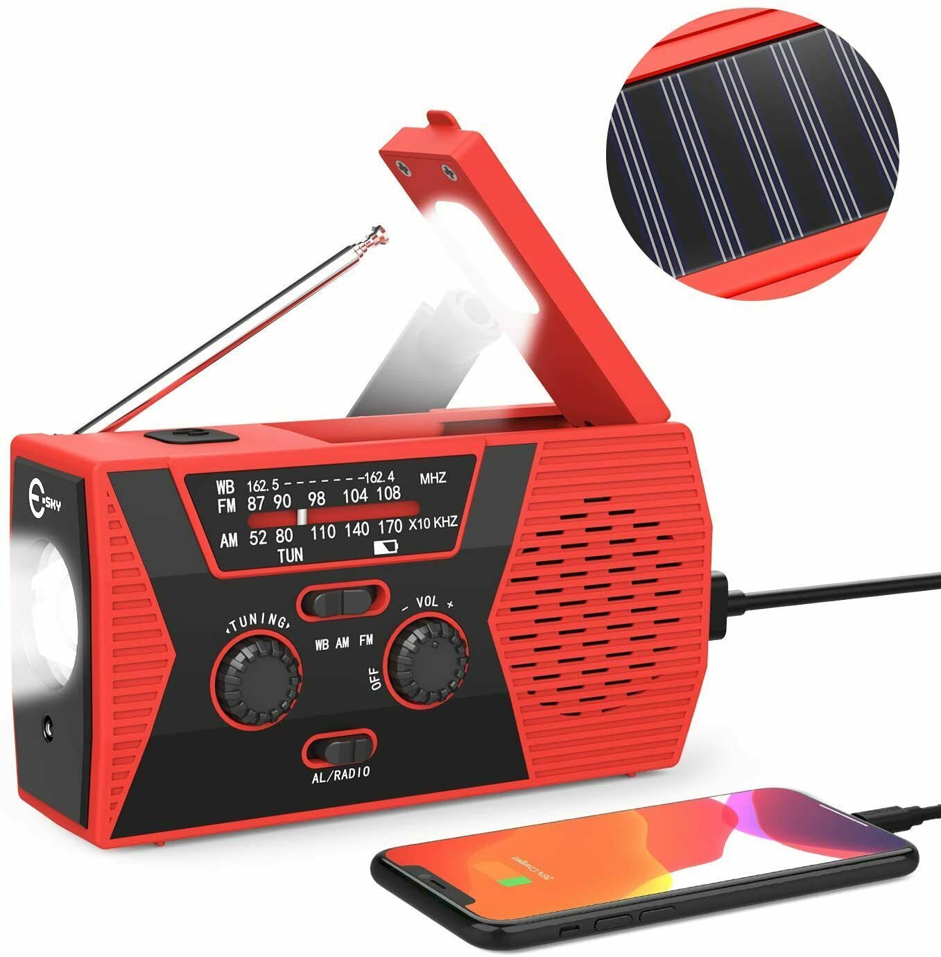 Esky Multi-Function Emergency Weather Radio with Hand Crank, Solar, and Power Bank