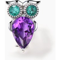 Broche en Or Blanc avec Améthyste en Goutte et Émeraude en Hibou