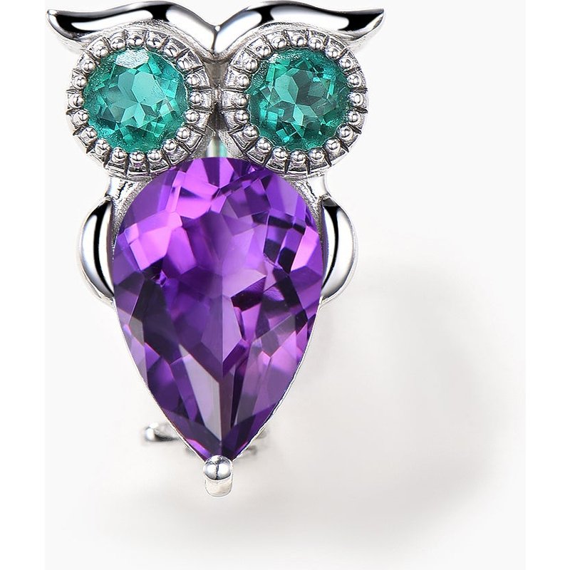 Broche en Or Blanc avec Améthyste en Goutte et Émeraude en Hibou — Broches