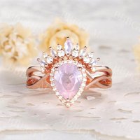 Ensemble de Bagues de Fiançailles en Quartz Rose Art Déco en Or Rose