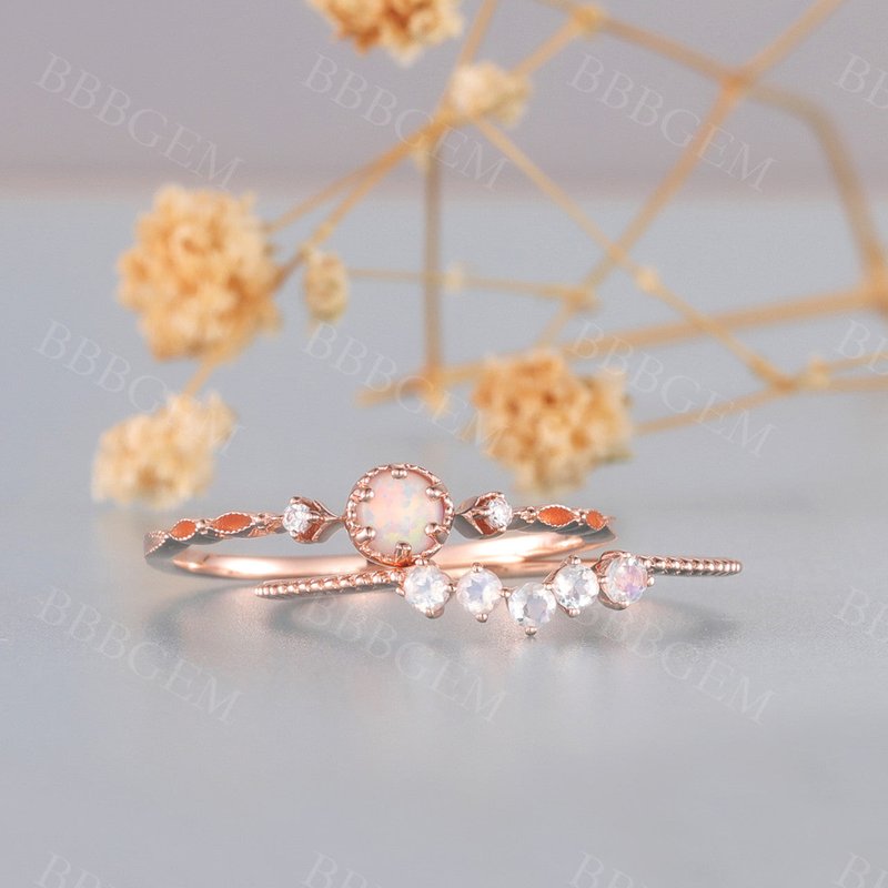 Rose Gold Opal Engagement Ring Set with Moonstone Wedding Band — Engagement Rings