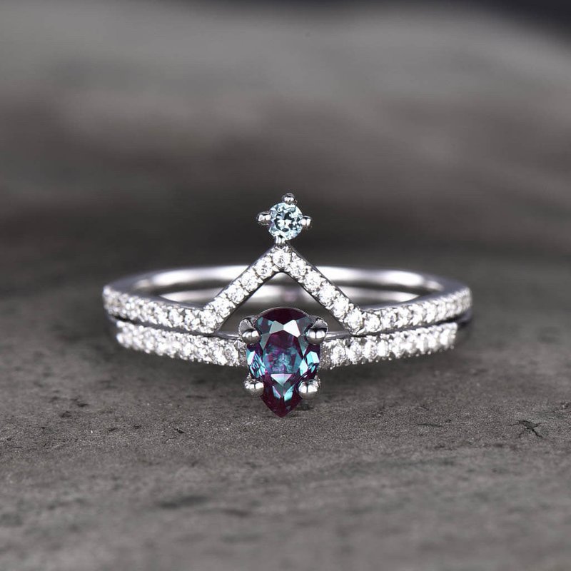 Pear Alexandrite Petite Shared Wedding Set in White Gold — Engagement Rings