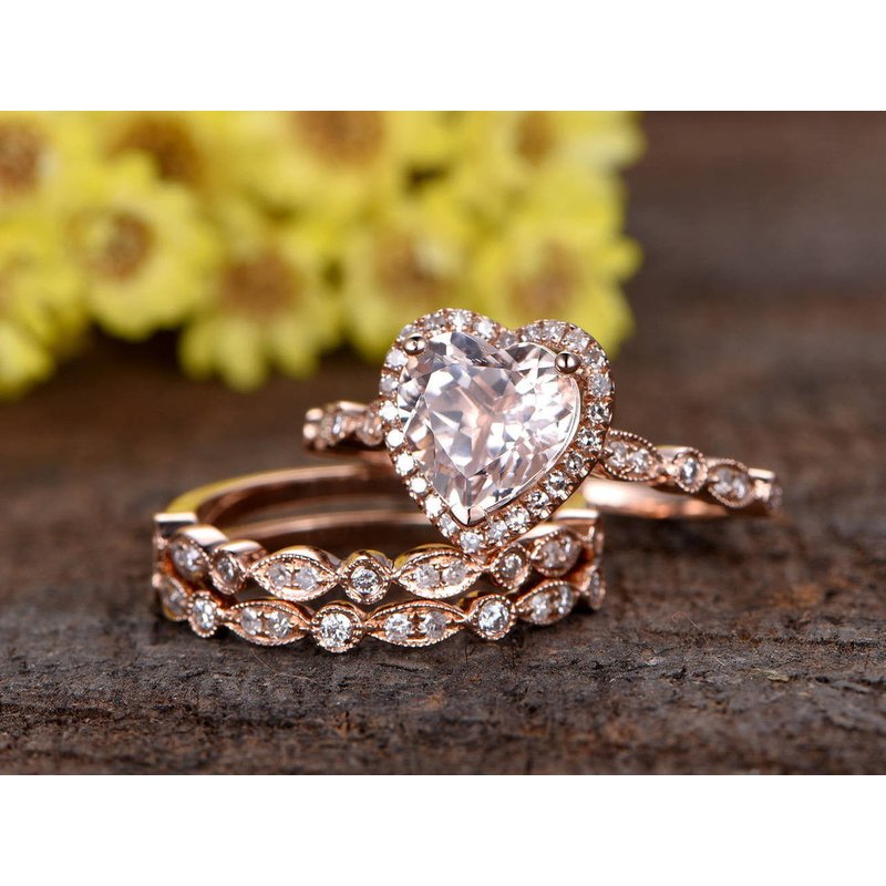 Ensemble de mariage en morganite en or rose 14K/18K en forme de cœur — Bagues de fiançailles